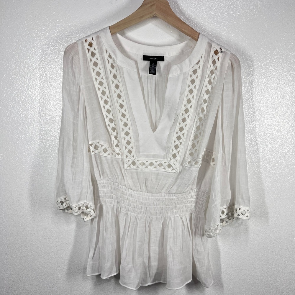Alfani White Peasant Blouse Crochet Trim 3/4 Sleeve Top Size Small Coastal Beach